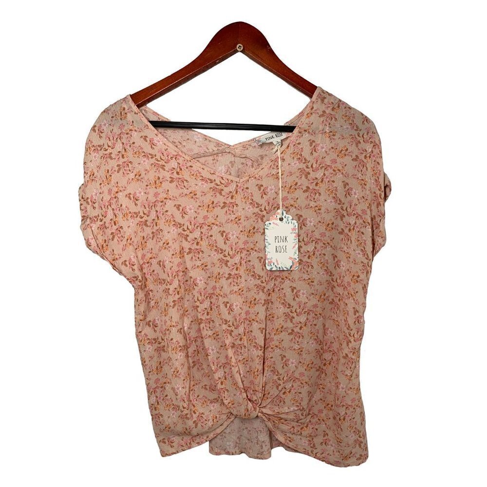 Pink Rose Pink Floral Double V Top Short Sleeves S